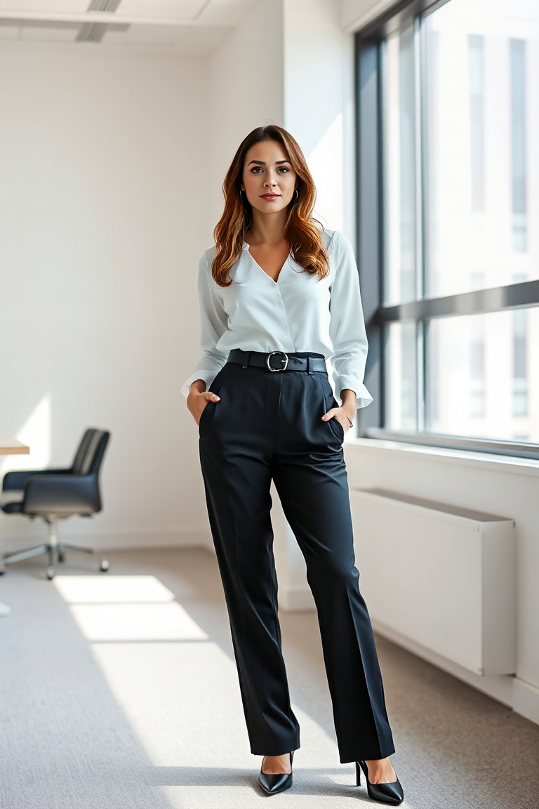A woman wearing high-waisted black trousers paired with a fitted white blouse and a leather belt, standing con
