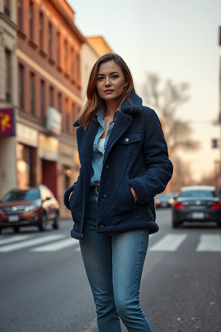 A woman in a stylish navy fleece-lined coat, paired with a light wash denim jacket and high-waisted jeans, sta