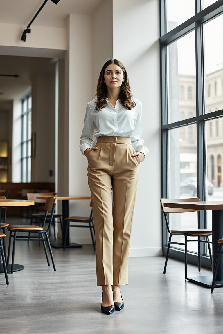 A woman in a tailored high-waisted beige trousers paired with a silk white blouse and pointed-toe black heels,