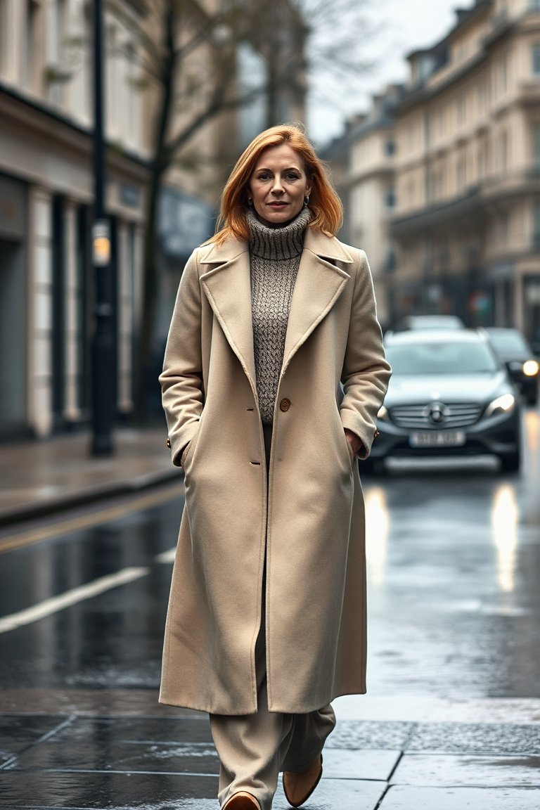 A woman in a long-line beige wool coat layered over a cream turtleneck, a chunky knit sweater, and wide-leg tr