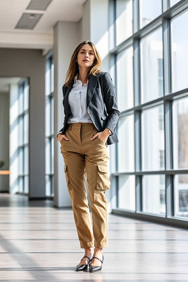 A woman in a pair of tailored cargo trousers paired with a fitted blazer and a crisp white shirt, standing in