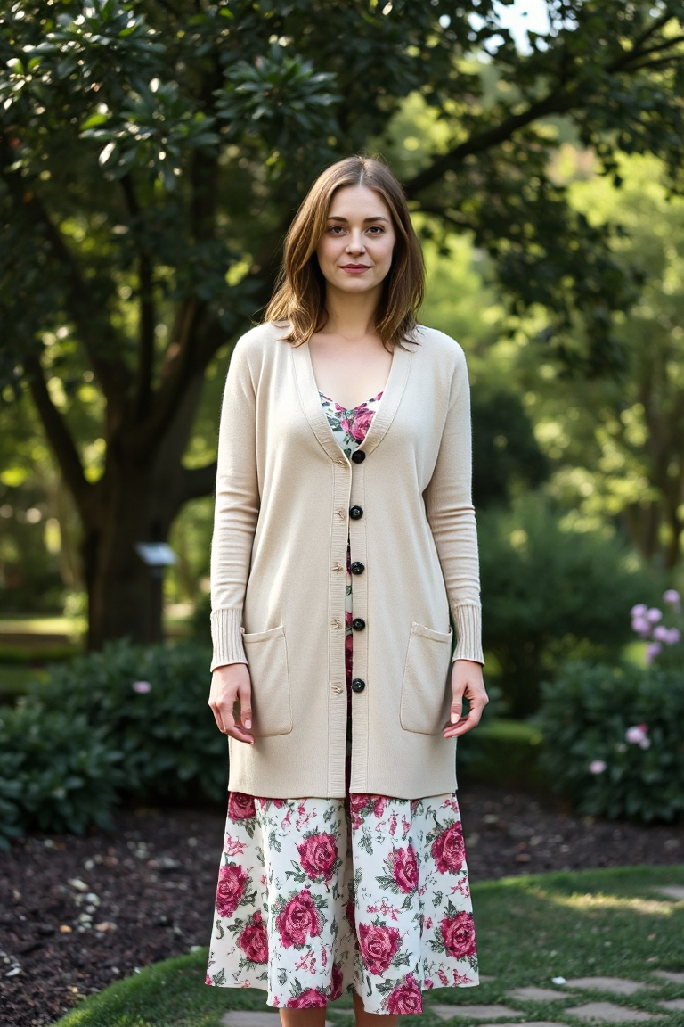 A woman in a beige cardigan over a floral midi dress, standing in a garden with soft natural light filtering t