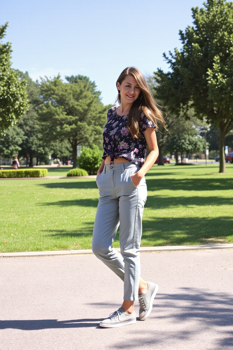 A woman in a pair of light grey chinos, a cropped floral top, and a pair of sneakers, posing casually in a par