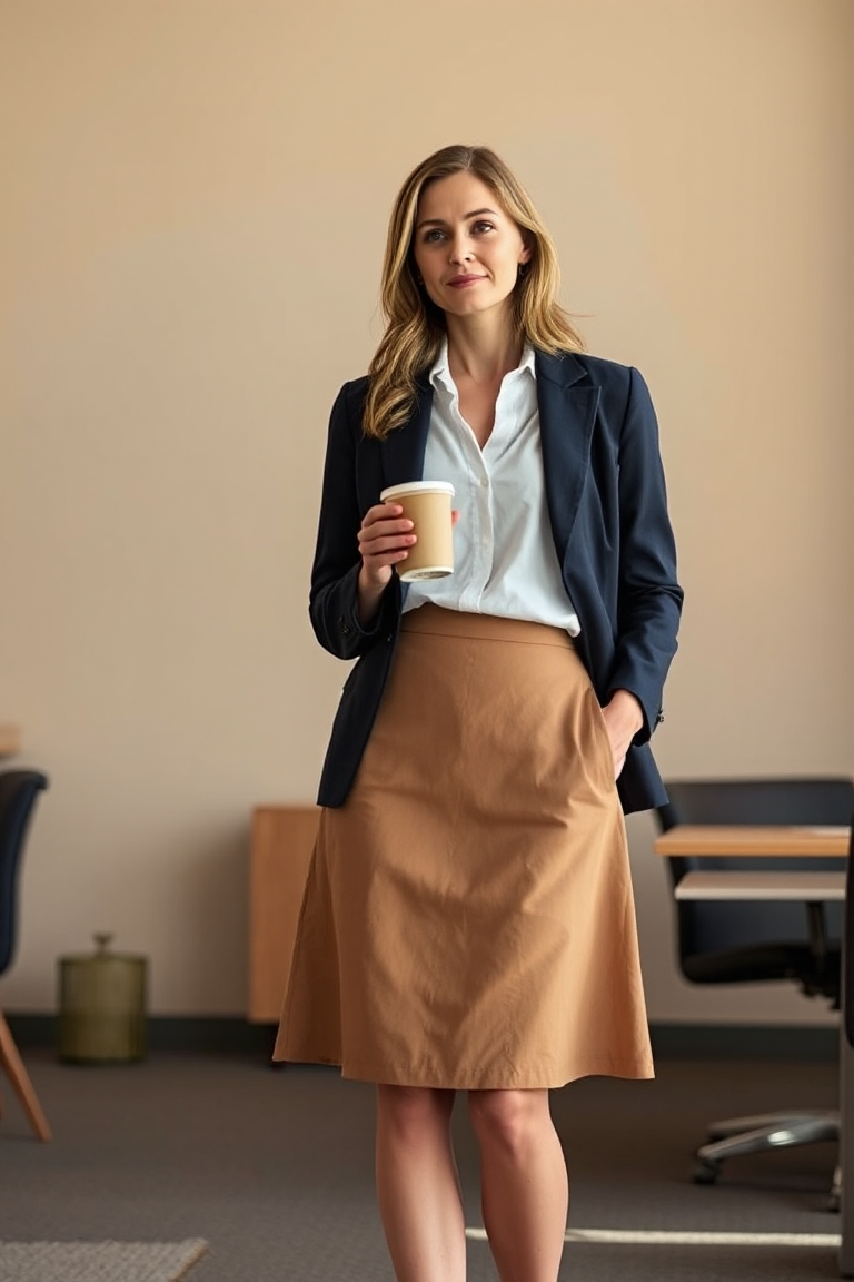 A woman in a structured cotton ballet skirt, wearing a white blouse and a navy blazer, standing in an office s