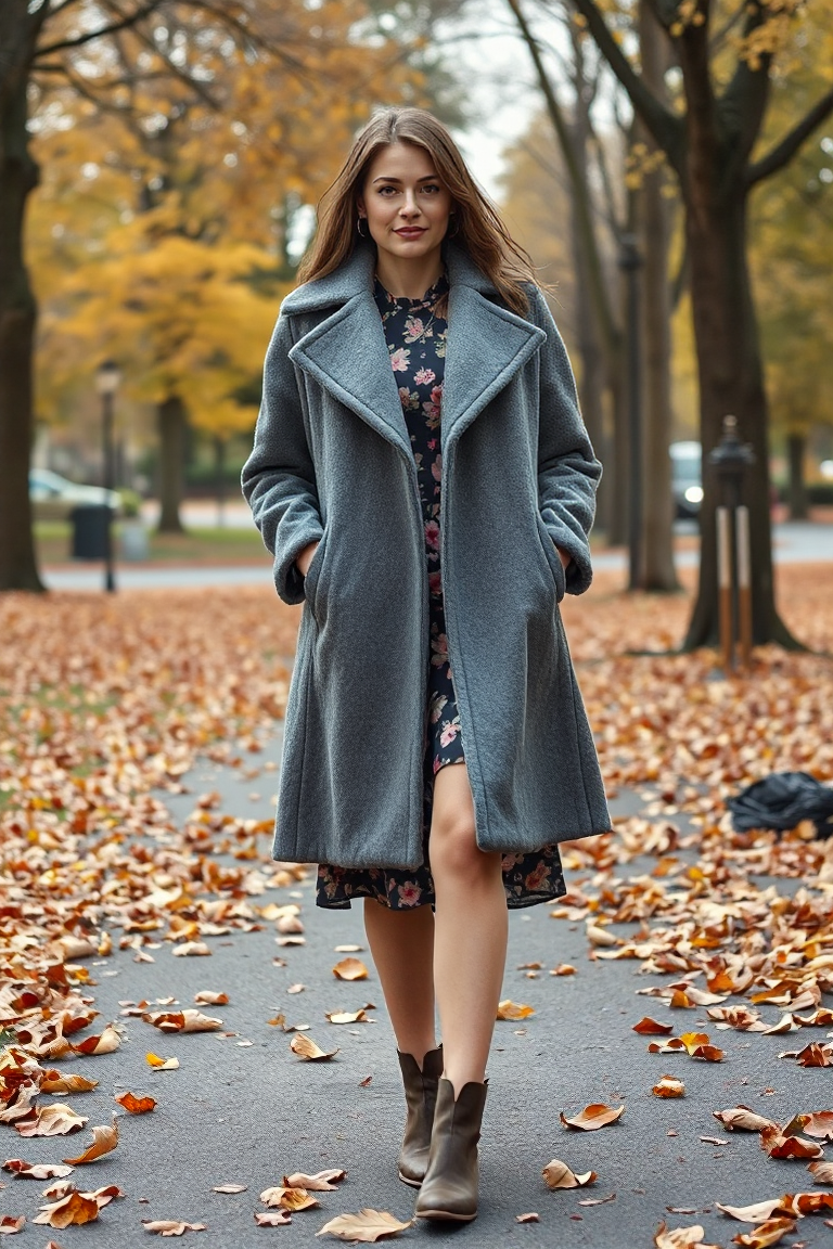 A woman wearing a chic grey fleece-lined coat over a floral dress and ankle boots, posing in a cozy park with
