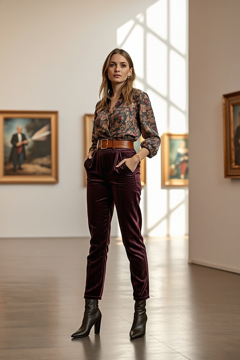 A woman in velvet trousers and a printed blouse, wearing a wide belt and ankle boots, posing in an art gallery