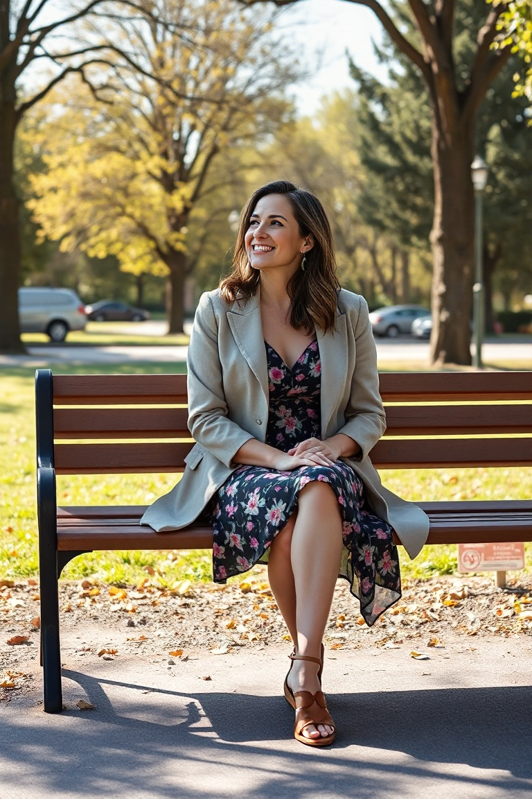 A woman in a light cotton blazer coat, paired with a floral sundress and sandals, sitting on a park bench in t