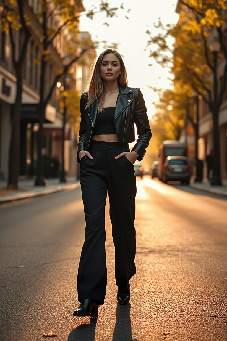 A woman in high-waisted wide-leg black trousers, a cropped black leather jacket, and ankle boots, walking conf