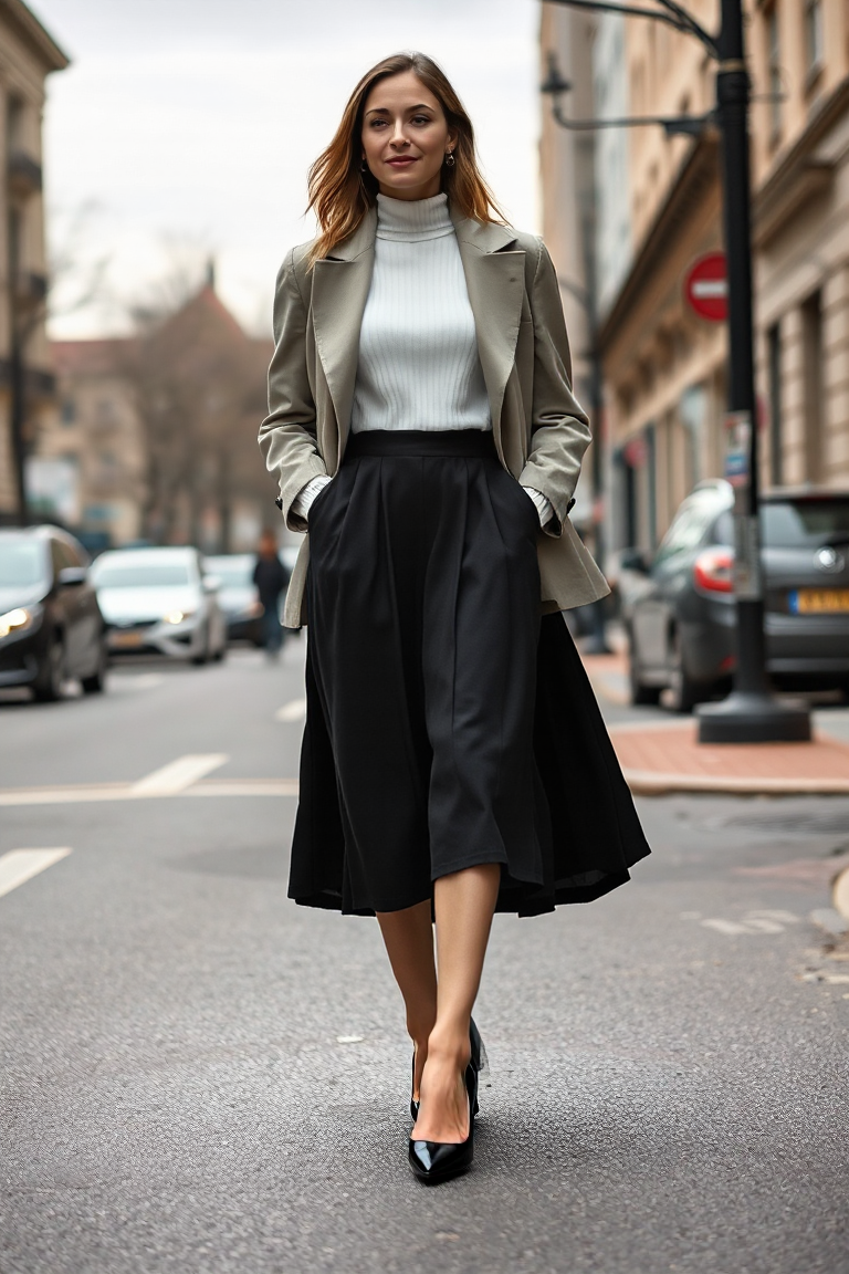A woman in a black midi skirt with a cropped white sweater and a structured beige blazer, walking along a city