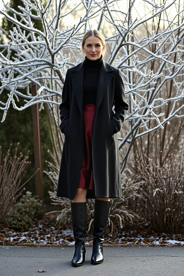 A woman in a long-line black coat layered over a black turtleneck, a burgundy silk dress, and knee-high leathe