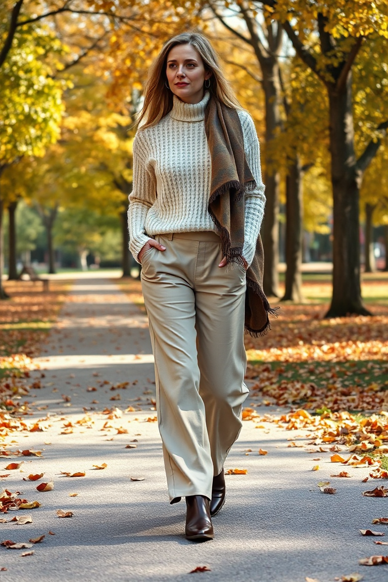 A woman in a cream knit sweater, wide-leg beige trousers, and ankle boots, walking through a leafy park in aut