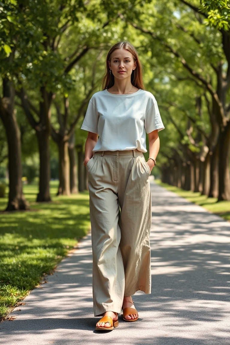 A woman in a wide-leg beige linen trousers, a white cropped linen shirt, and tan leather sandals, walking alon