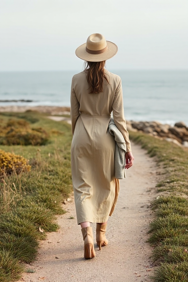 A woman walks along a coastal path in a long oatmeal linen dress, beige ankle boots, and a neutral wide-brimme