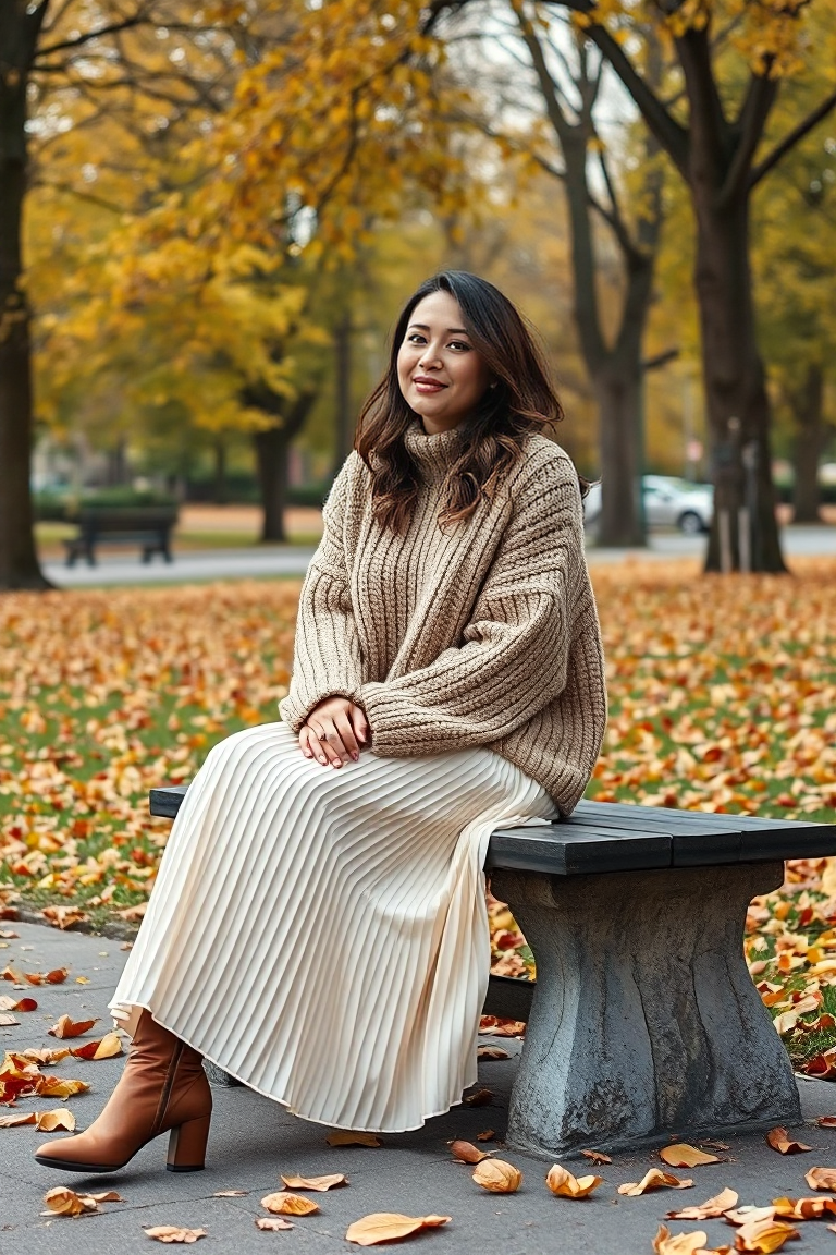 A woman in a cream pleated skirt, a chunky oversized beige knit sweater, and brown ankle boots, sitting on a s