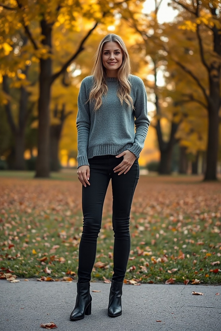 A woman in a casual yet stylish outfit consisting of a grey sweater paired with black skinny jeans and ankle b