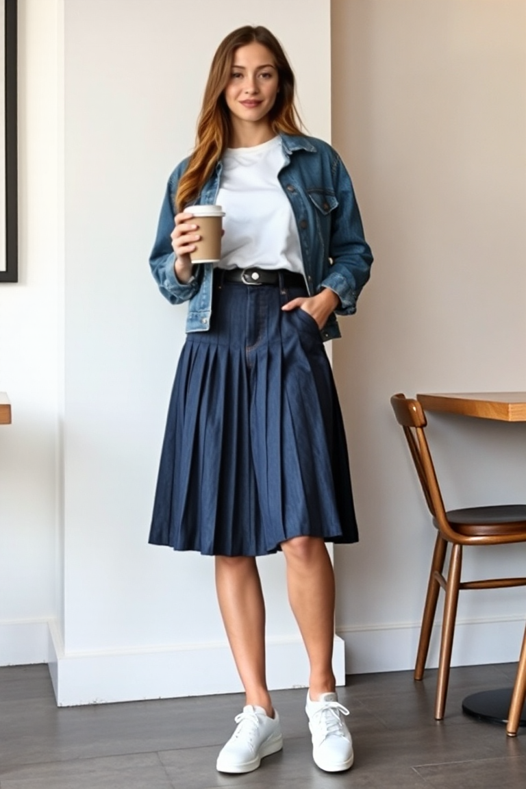 A woman in a pleated denim skirt paired with a simple white T-shirt and a denim jacket, standing in a casual c