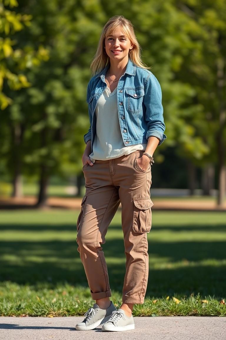 A woman in cargo trousers paired with a light cotton blouse and denim jacket, wearing sneakers and standing ou