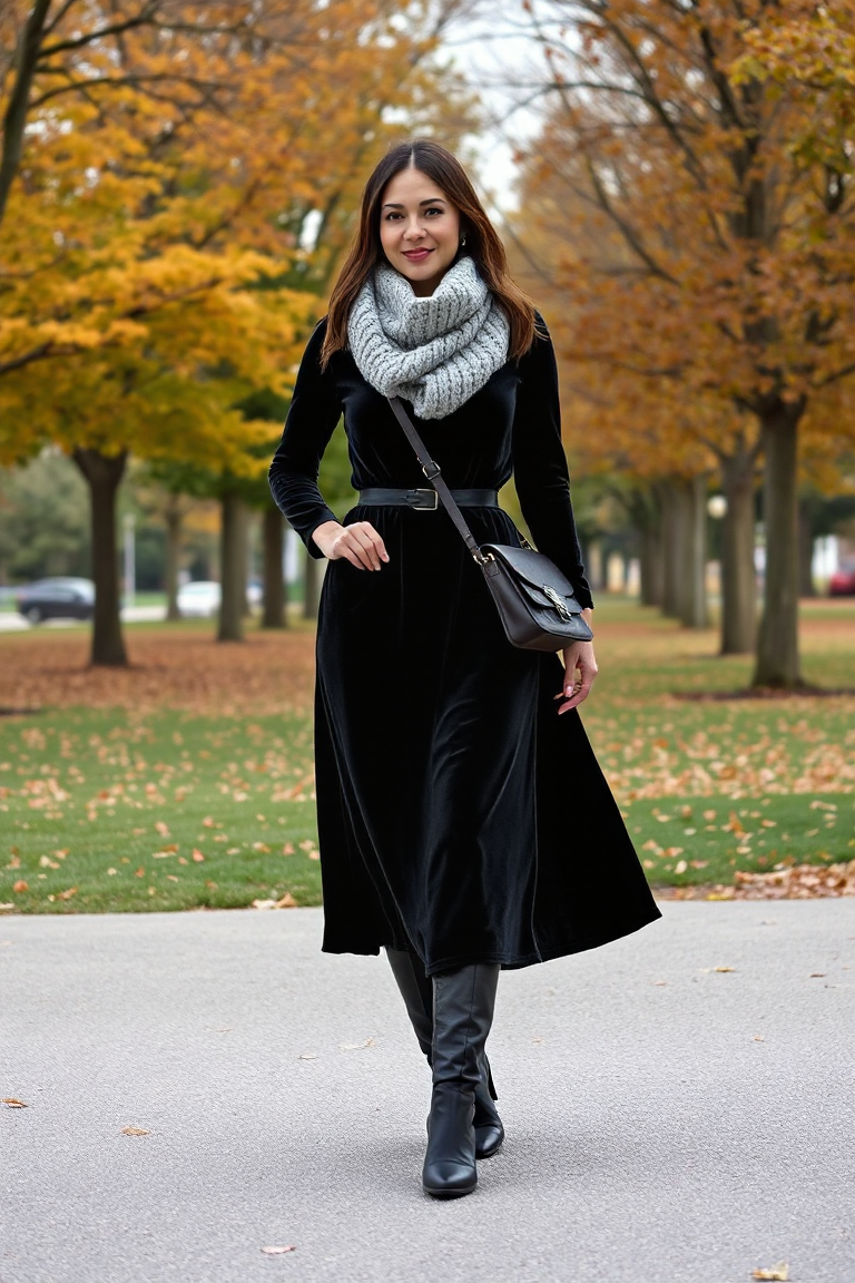 A woman in a black velvet maxi dress with a fitted belt and a chunky knit scarf, paired with knee-high boots a