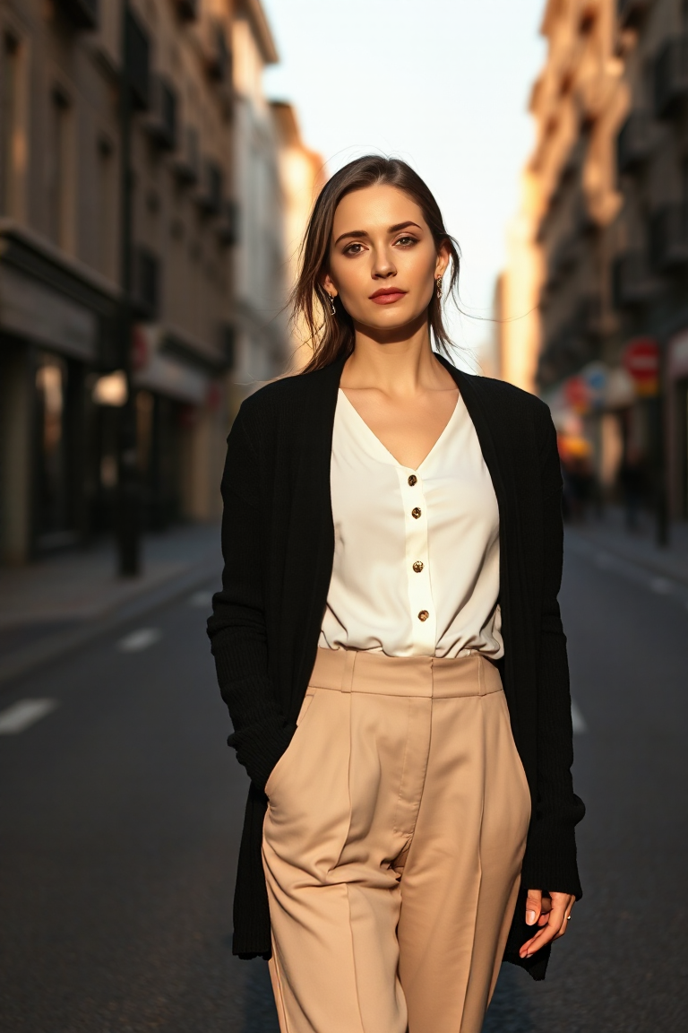 A woman in a black cardigan over a white blouse and high-waisted trousers, standing in a city street with warm