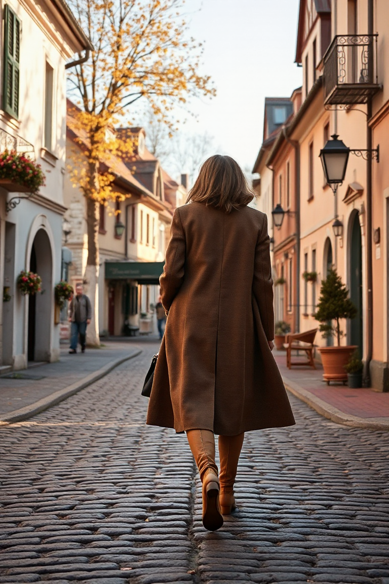 A woman with an apple shape in a long, slightly flared coat, walking through a charming, cobblestone village s