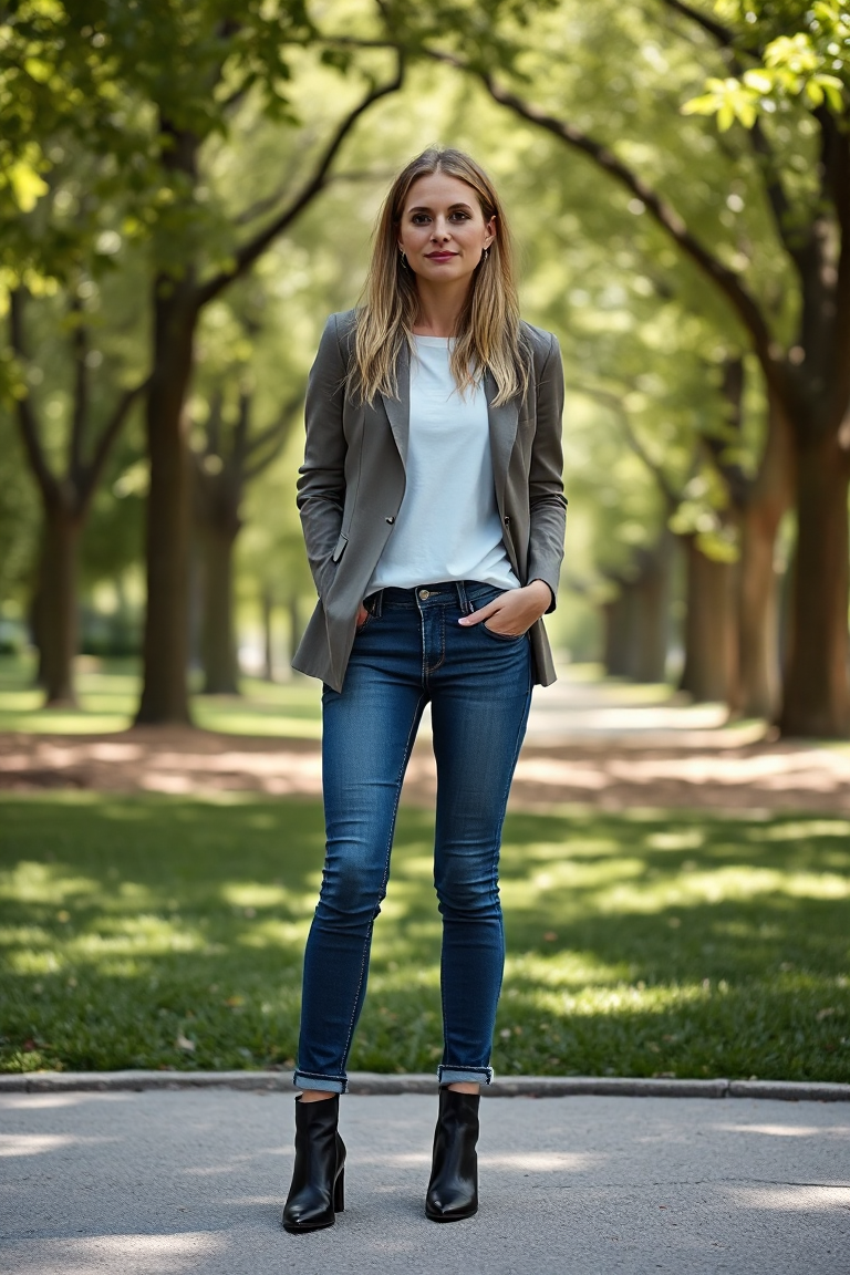 A woman in a casual yet chic outfit, featuring slim-fitting jeans, a simple white tee tucked into the jeans, a