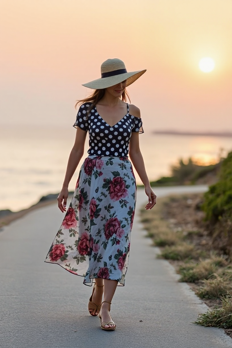 A woman in a floral print ballet skirt, paired with a polka dot top and a wide-brimmed hat, walking along a co