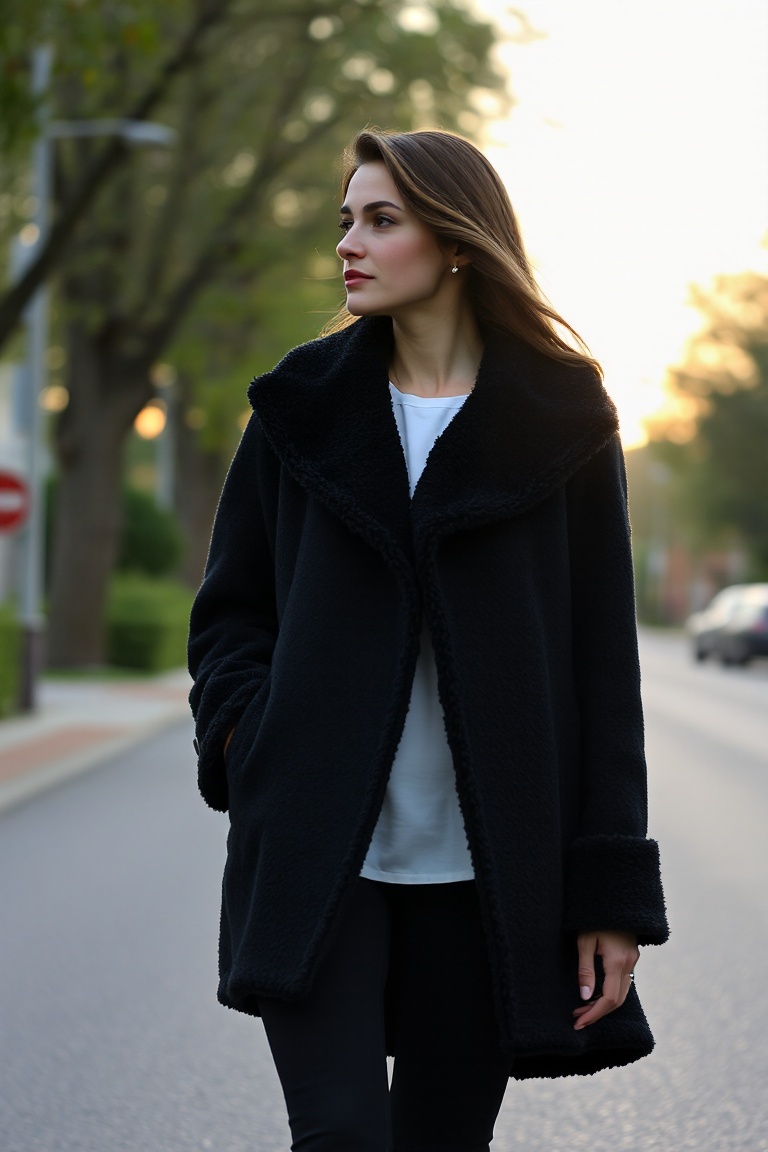 A woman in a black fleece-lined coat, layered over a fitted white blouse and black trousers, walking down a qu