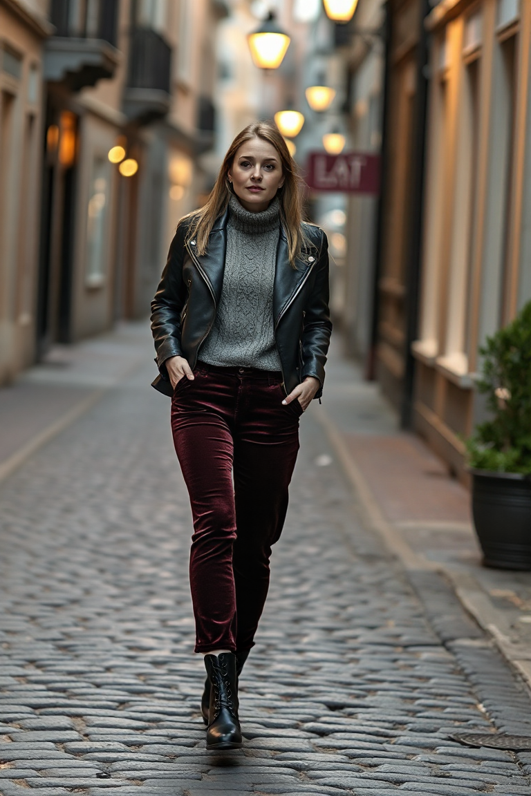 A woman in velvet trousers and a chunky knit sweater, paired with a leather jacket and knee-high boots, walkin