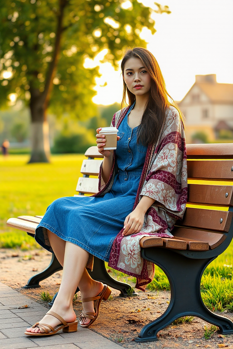 A woman sitting on a wooden bench in a park, wearing a denim dress with a printed kimono draped over her shoul