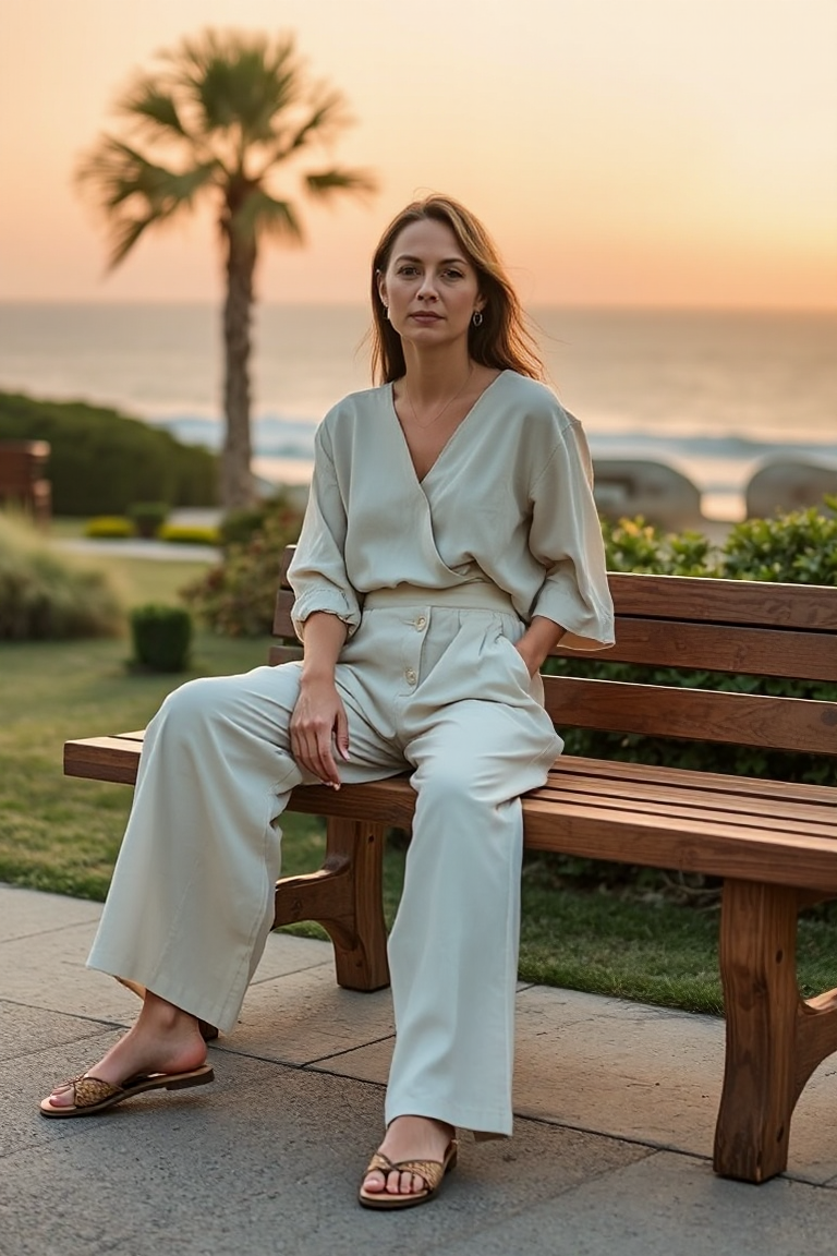 A woman in high-waisted cream linen trousers, a loose linen tunic top, and flat woven sandals, sitting on a wo