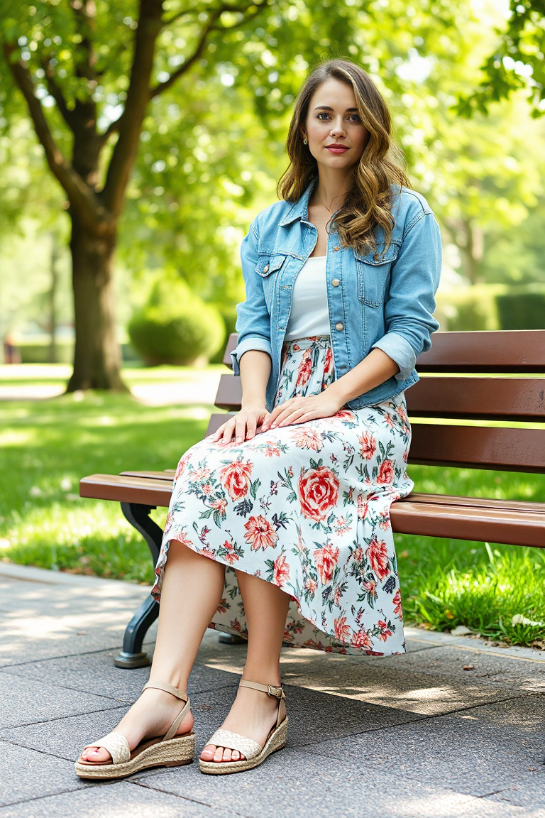 A woman in a floral cotton midi skirt with a light blue denim jacket and espadrille sandals, sitting on a benc
