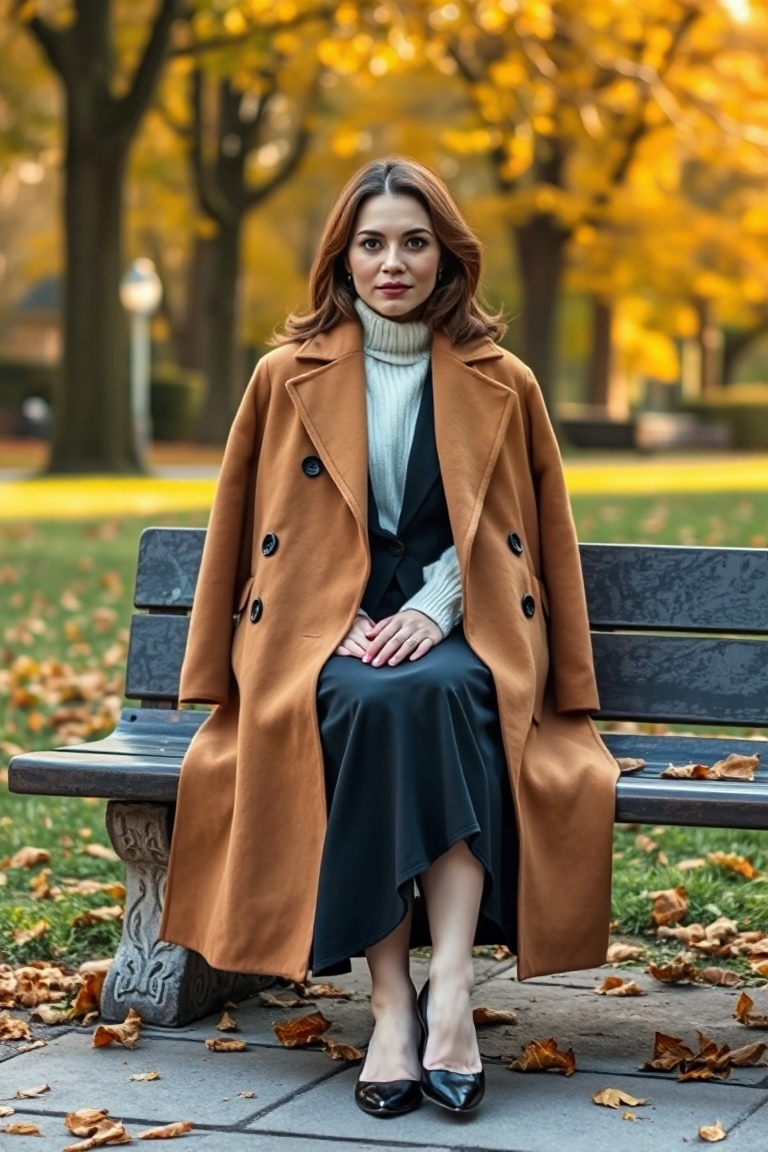 A woman in a long-line camel coat layered over a navy blazer, a white high-necked sweater, and a midi skirt, s
