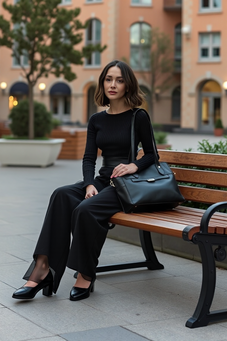 A woman in a wide-leg black cotton trousers, a black ribbed knit sweater, and a structured black handbag, sitt