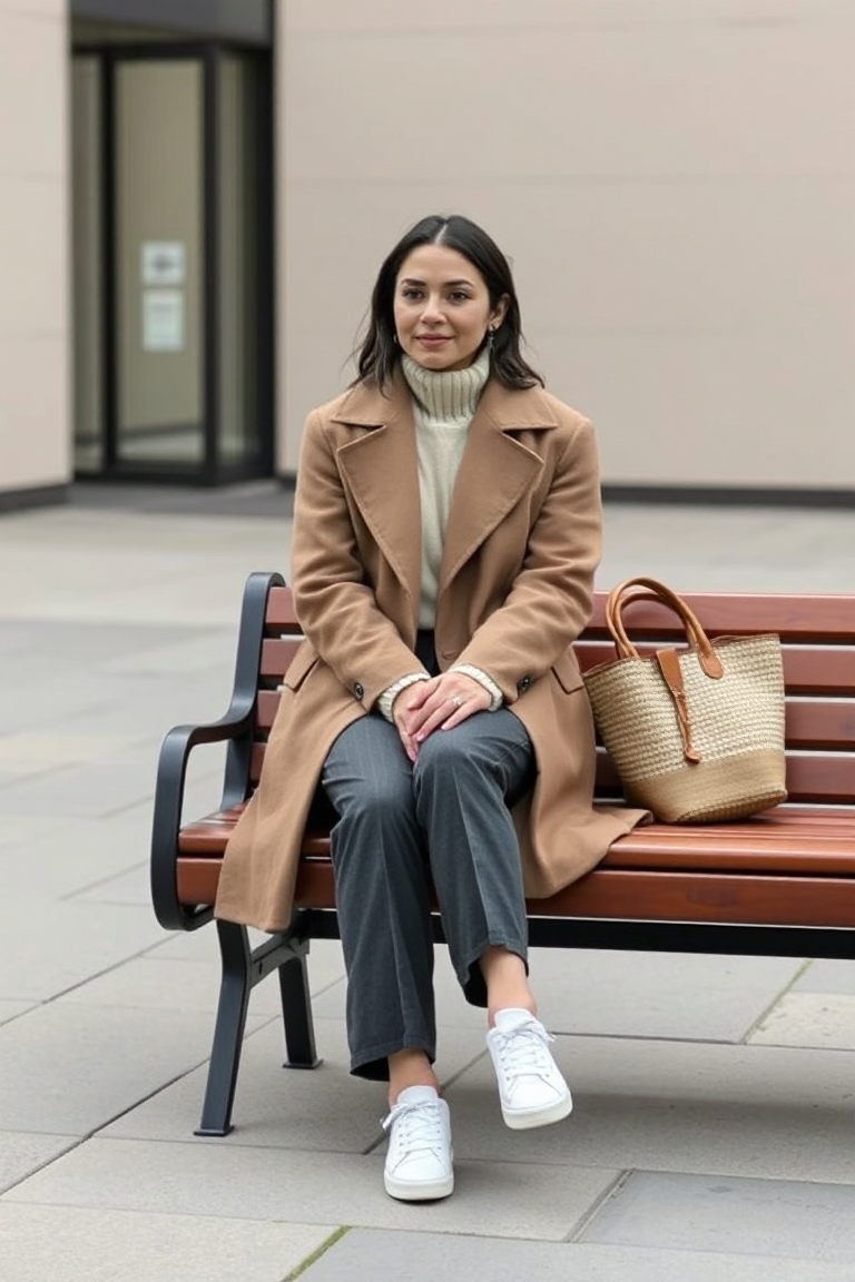 A woman sits on a wooden bench in a minimalist urban setting, wearing a taupe wool coat, cream turtleneck, cha