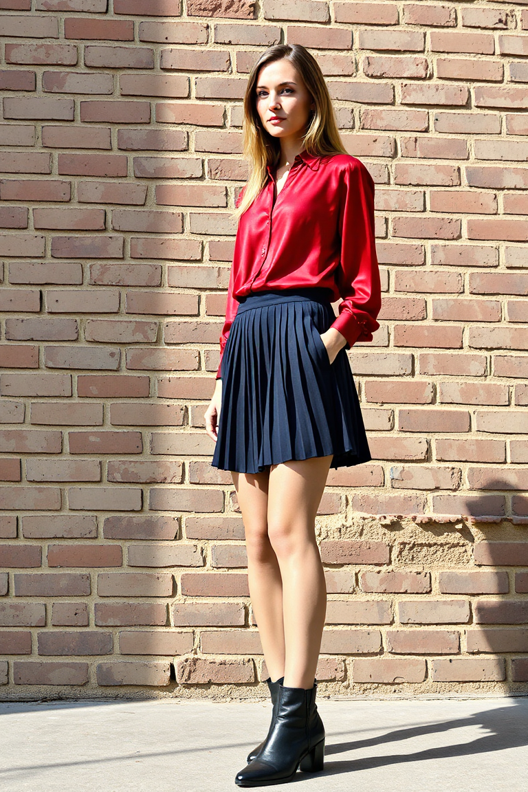 A woman in a navy pleated mini skirt, a vibrant red silk blouse, and black leather ankle boots, standing in fr