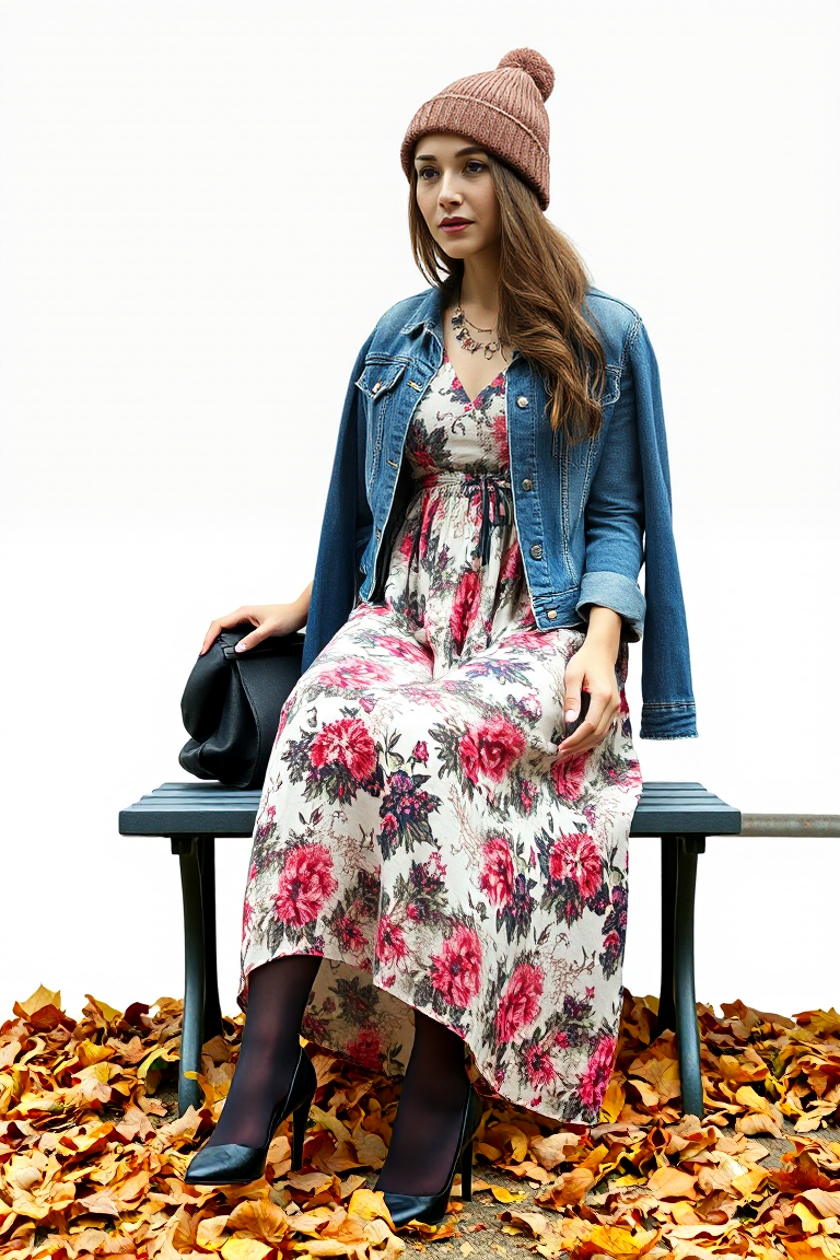 A woman in a floral print maxi dress layered over tights, with a denim jacket and a beanie hat, sitting on a b