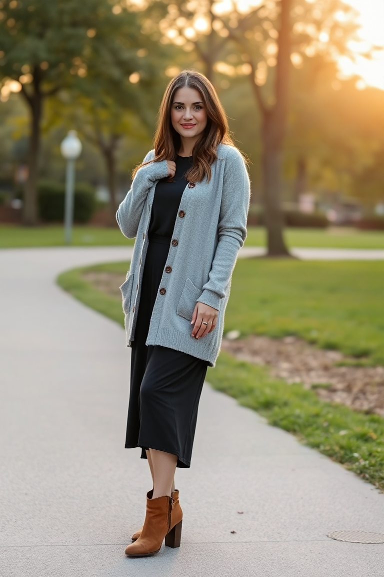 A woman in a light grey cardigan over a black dress and brown ankle boots, posing in a park with golden hour l
