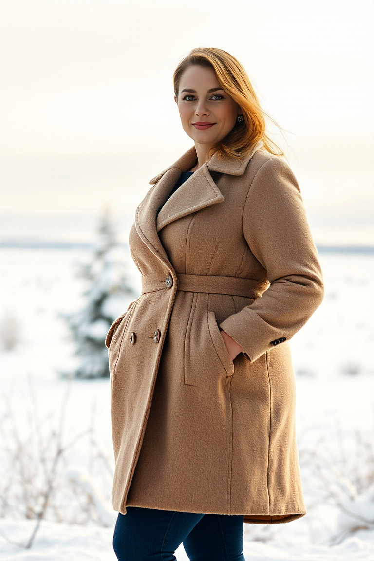 A woman with a pear shape in a coat with a fitted bodice and slightly looser hem, posing elegantly against a b