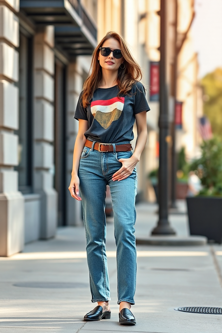 A woman in a stylish outfit consisting of straight-leg jeans, a fitted graphic tee with a pop of colour, a wid