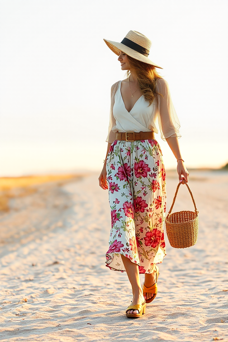 A woman in a floral A-line skirt and a sheer top, accessorised with a woven belt, a basket bag, and a wide-bri