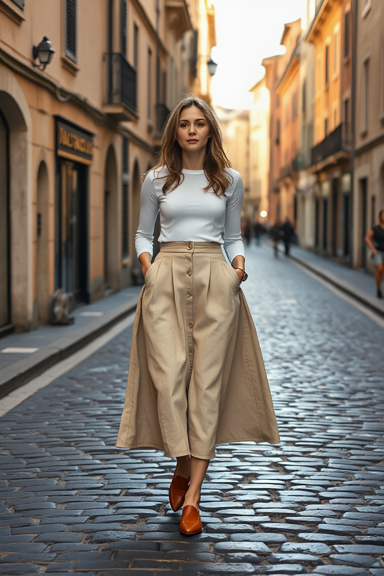 A woman in a high-waisted midi flared skirt in a soft beige linen, paired with a white fitted blouse, and tan