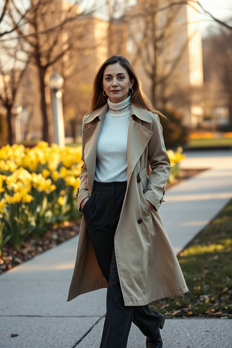 A woman in a beige knee-length trench coat, white ribbed sweater, and high-waisted black trousers, walking thr