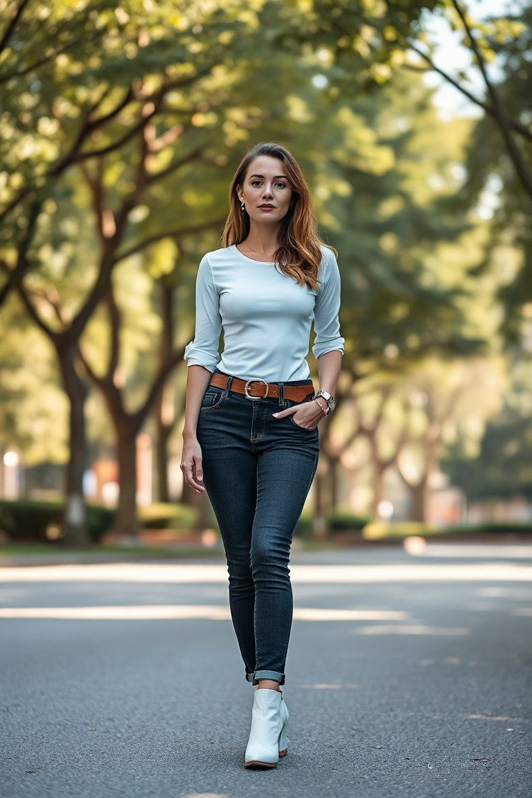 Full-body fashion photo of a woman wearing a fitted white tee with rolled-up sleeves, high-waisted dark jeans,