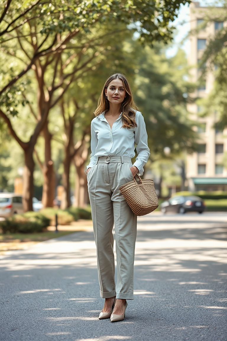 Full-body fashion photo of a woman standing in a sunlit urban park, wearing high-waisted a-line trousers in a 