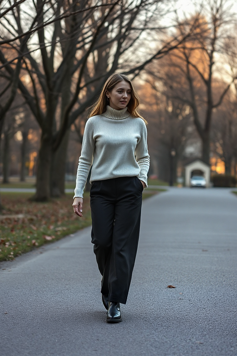 A woman in a cream turtleneck sweater, black wide-leg trousers, and knee-high boots, walking through a quiet u