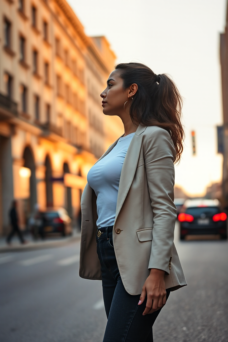 A woman in a fitted white t-shirt, slim-fit dark jeans, and a light beige blazer, standing on a city street at