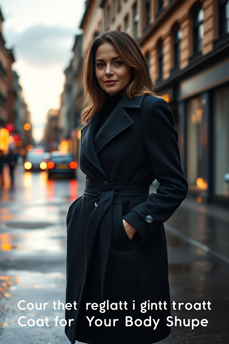 A woman with an hourglass figure wearing a tailored black wool coat with a belted waist, standing in a rainy c