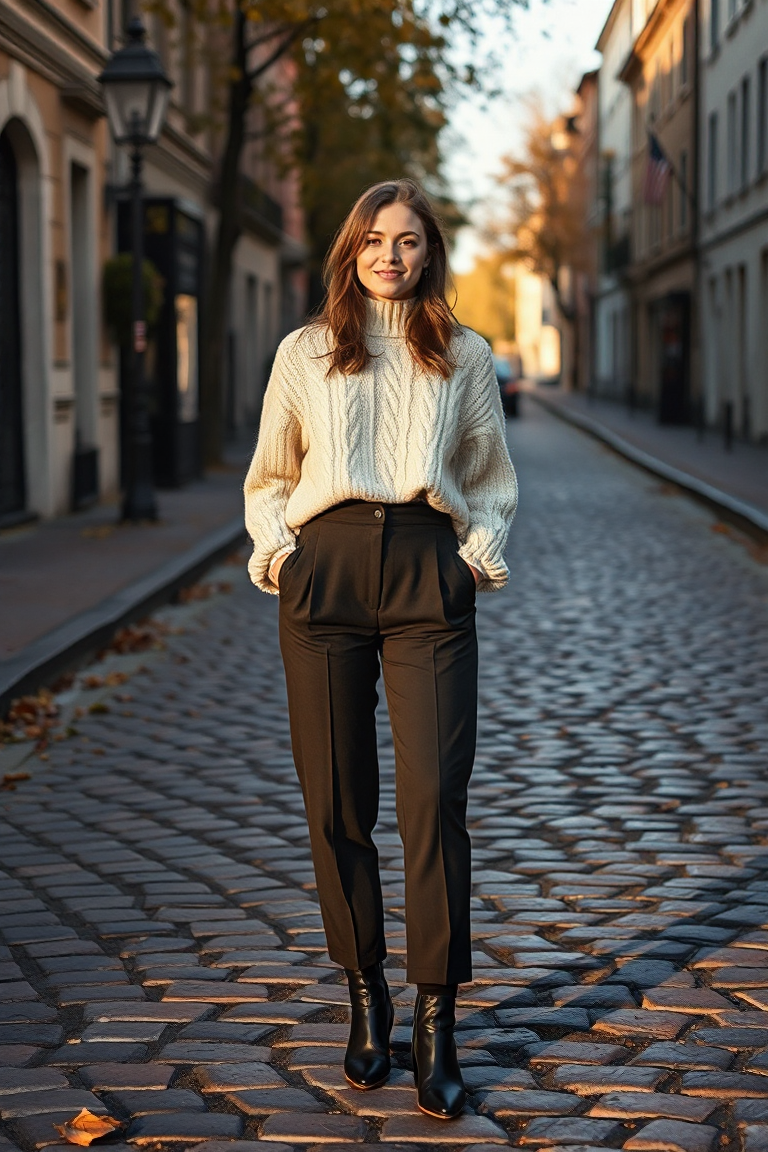 A woman in a cream cable knit sweater, high-waisted black trousers, and pointed-toe boots standing on a cobble