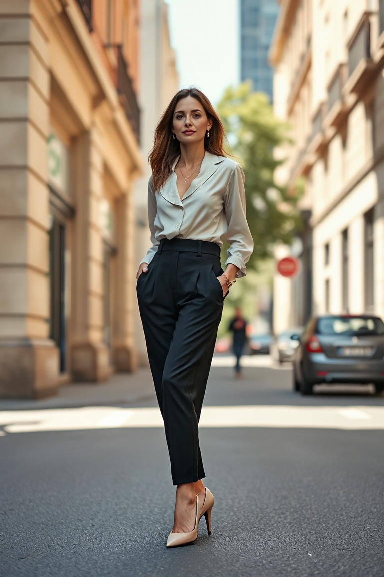 A woman in a high-waisted black a-line trouser paired with a cream silk blouse and nude pointed-toe heels, sta