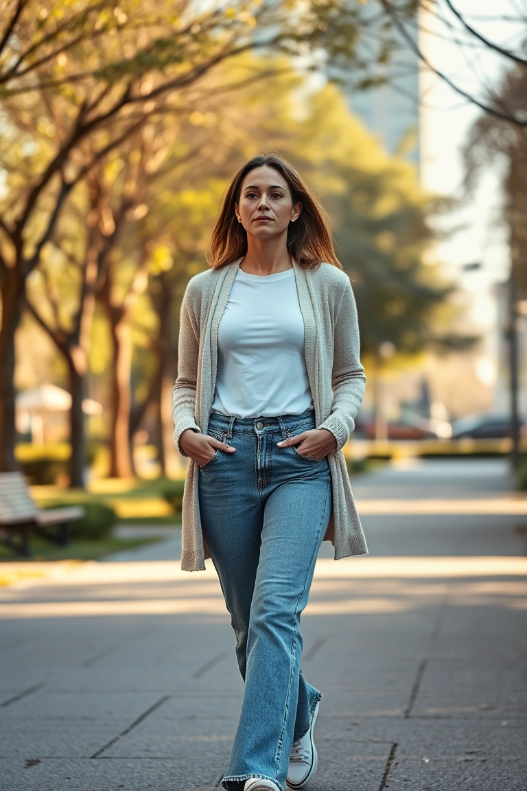 A woman in a cream cardigan, white t-shirt, and high-waisted jeans walking through a sunlit city park, soft mo